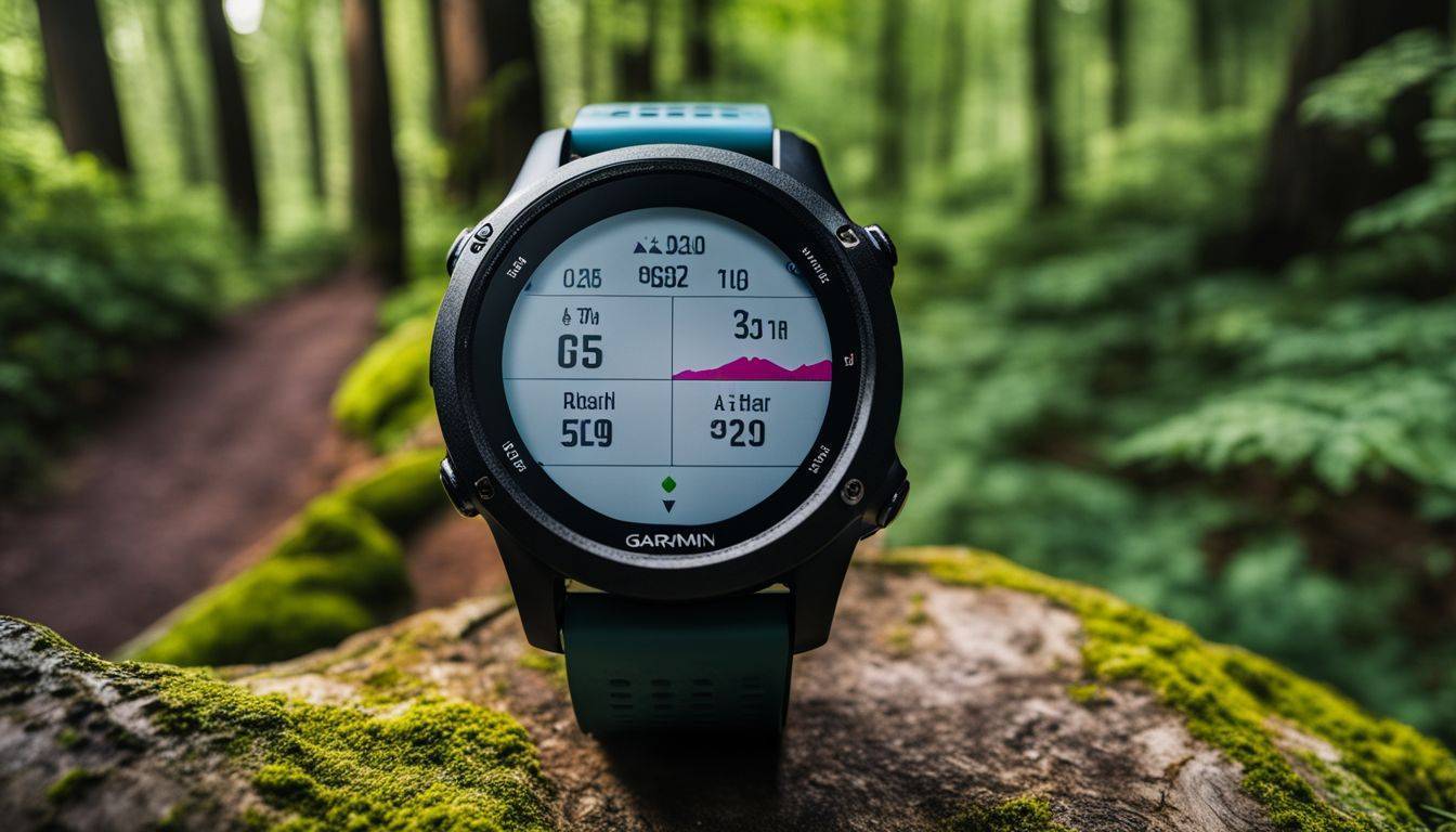 A Garmin Forerunner 255 on a scenic running trail surrounded by lush greenery.
