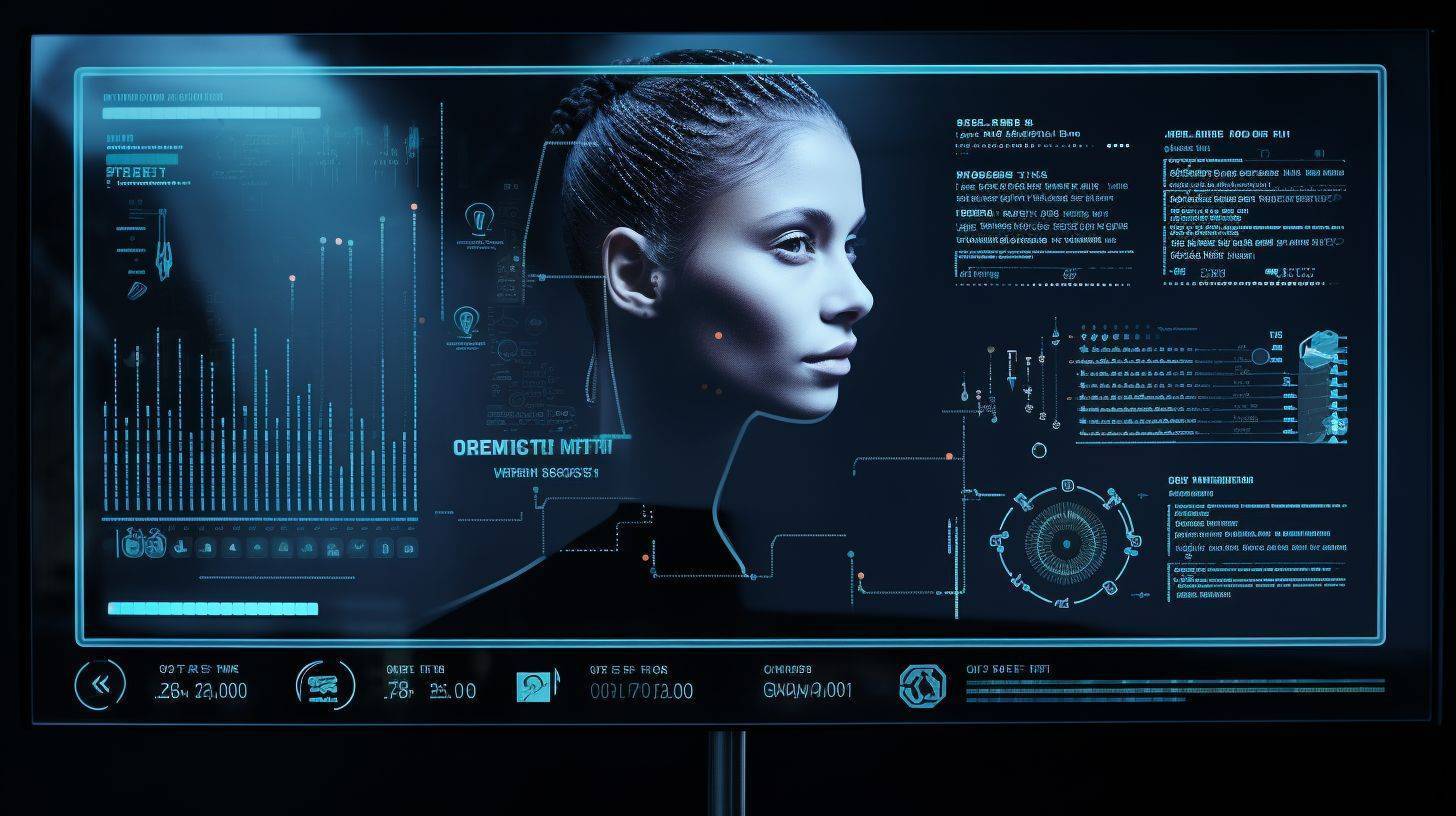 The futuristic digital interface displays internal link data for Technology Photography.