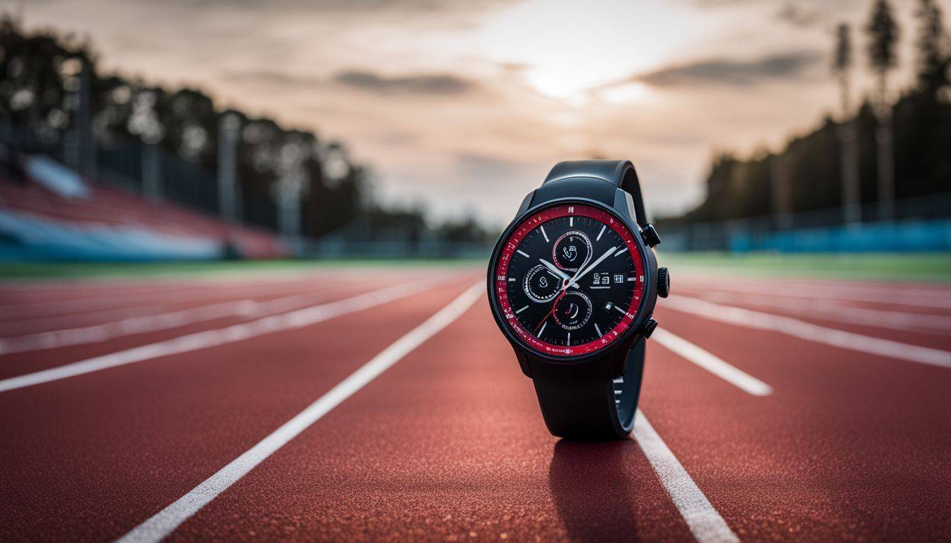 A Polar Vantage V2 watch is photographed on a running track.