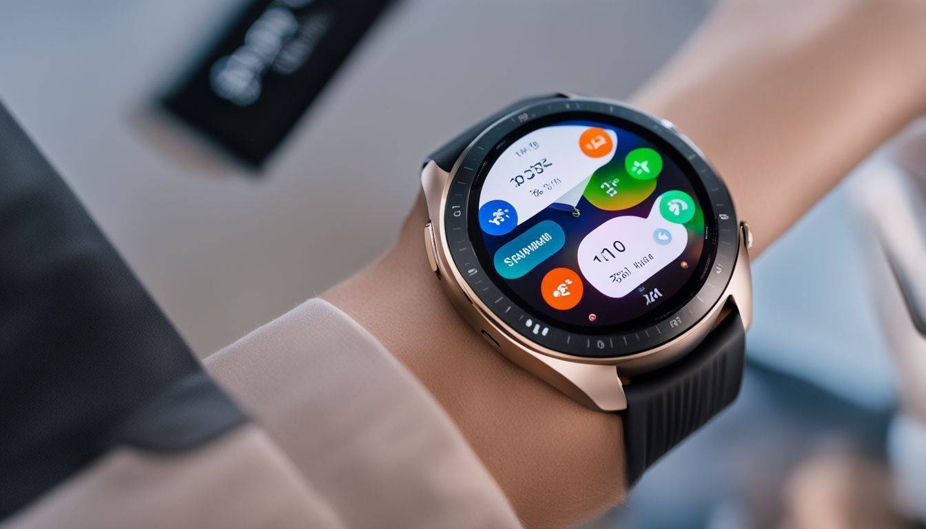 A Samsung Galaxy Watch 4 displaying fitness tracking stats in various settings.