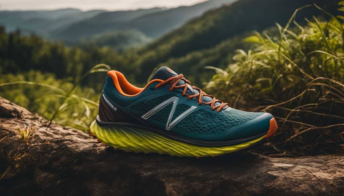 A pair of running shoes placed on a trail in a lush natural environment.