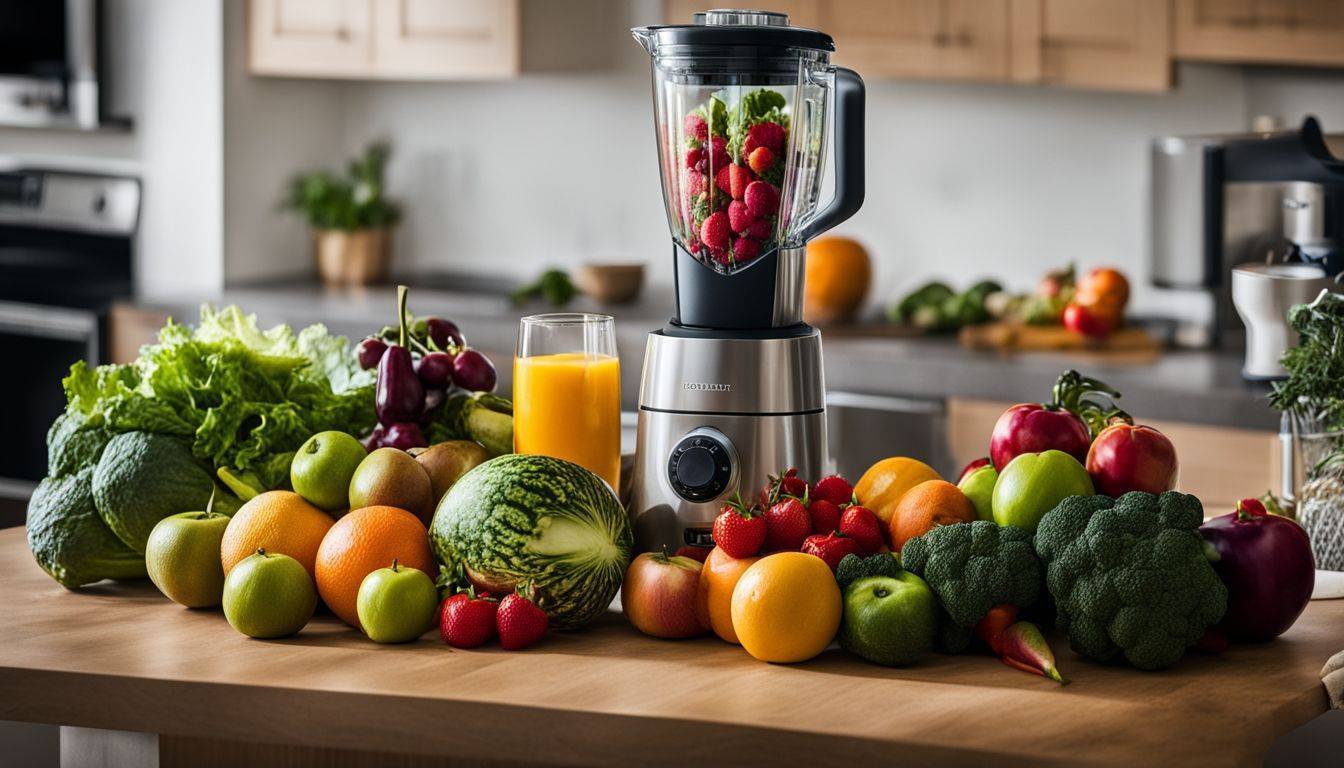 A variety of fresh fruits and vegetables arranged next to a blender on a kitchen counter.