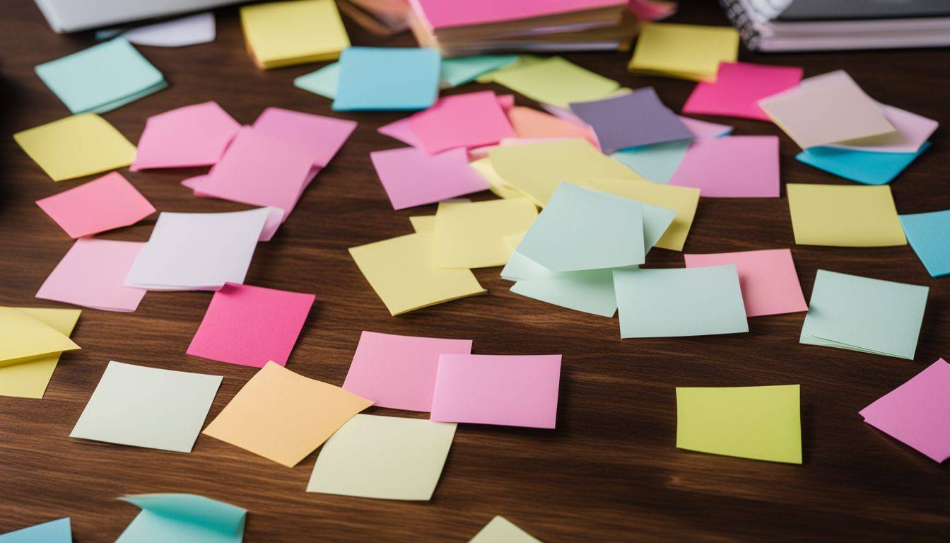 A colorful assortment of keyword-filled sticky notes on a desk.