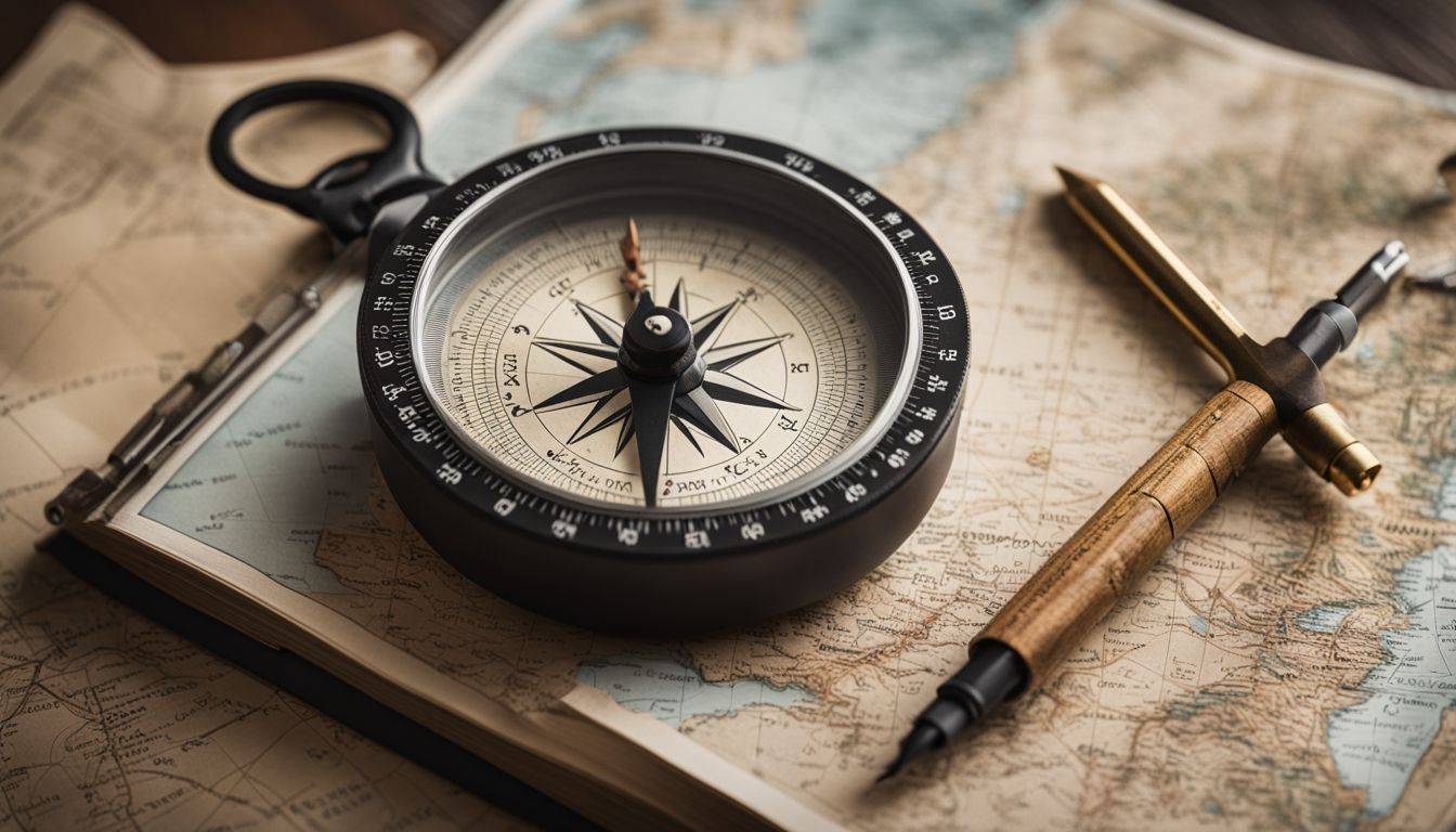 A compass on a map surrounded by various writing tools.
