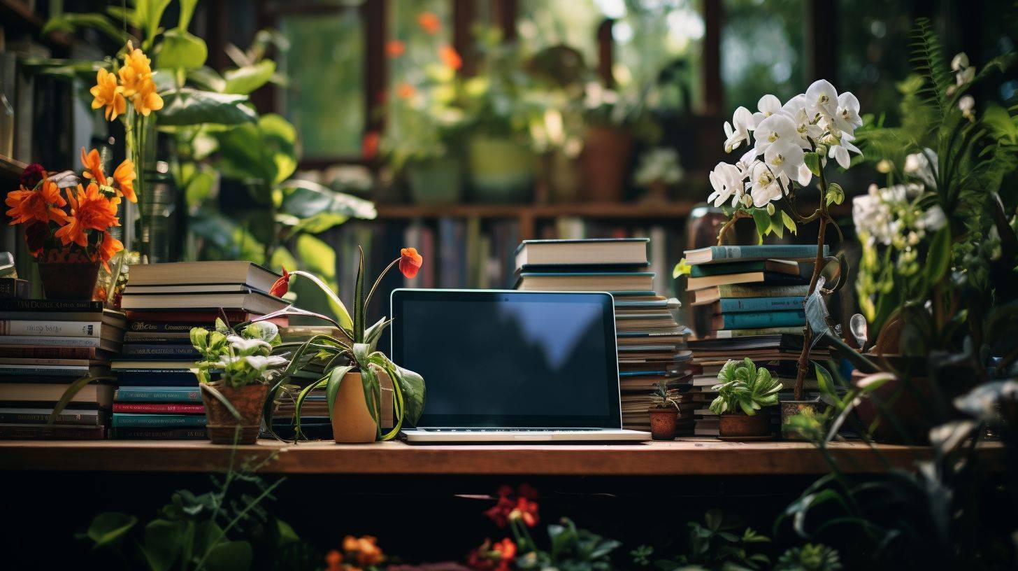 A laptop and books are surrounded by plants on a desk.