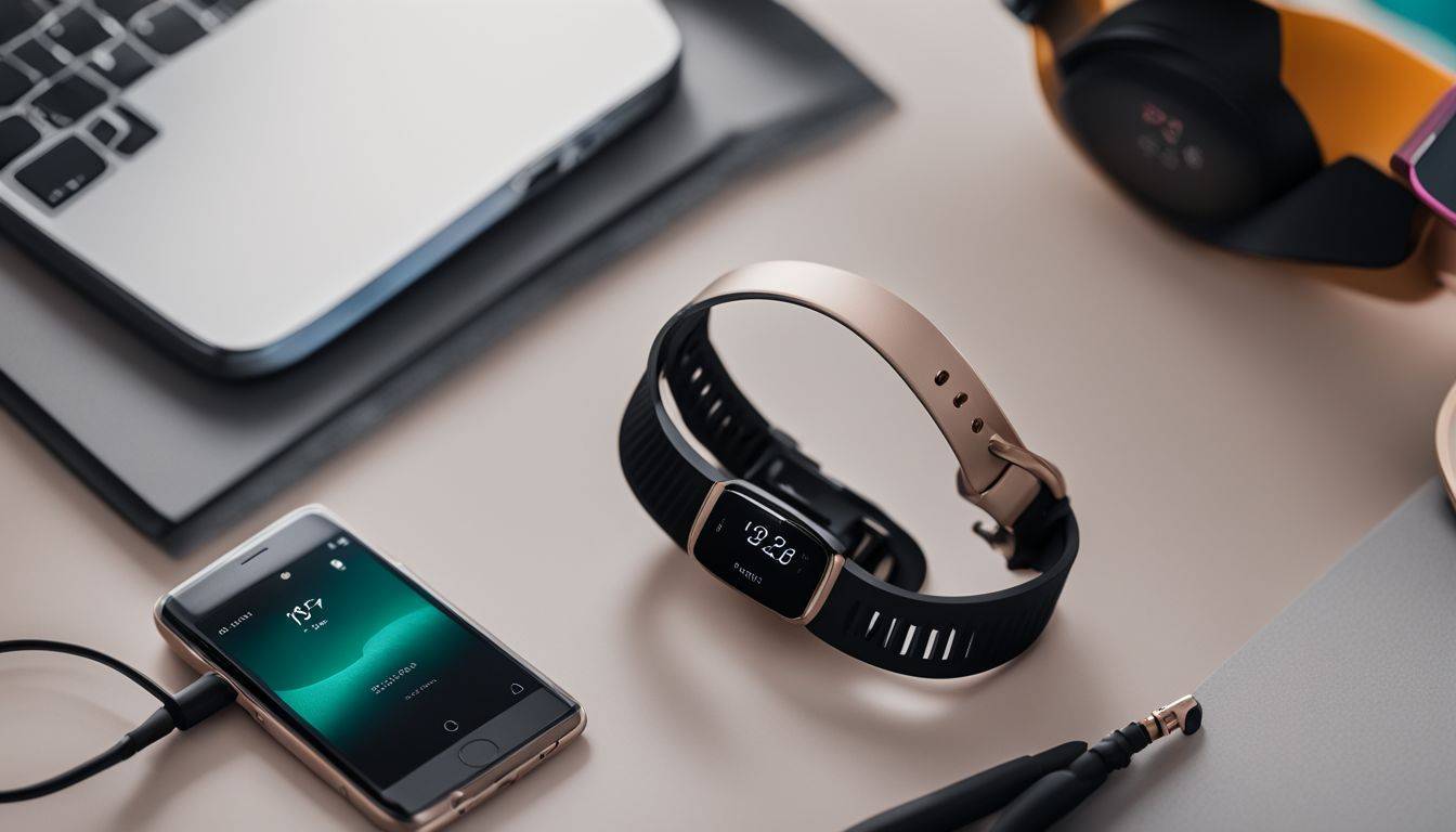 A Fitbit surrounded by technology for synchronization and settings.