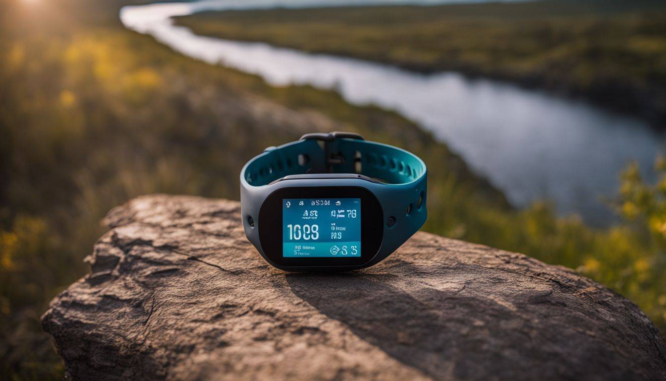 A fitness tracker placed on a vibrant running trail in nature.