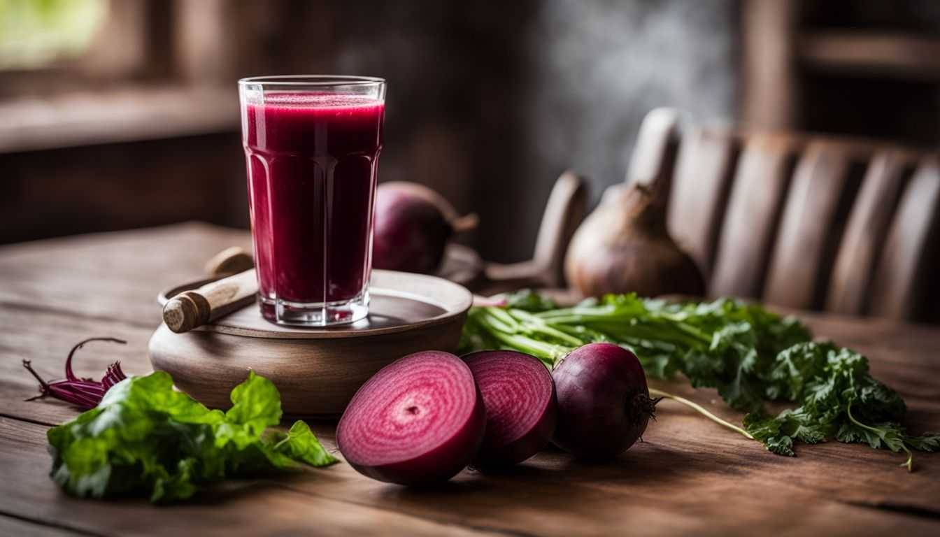 A glass of beet juice surrounded by fresh vegetables and beets.
