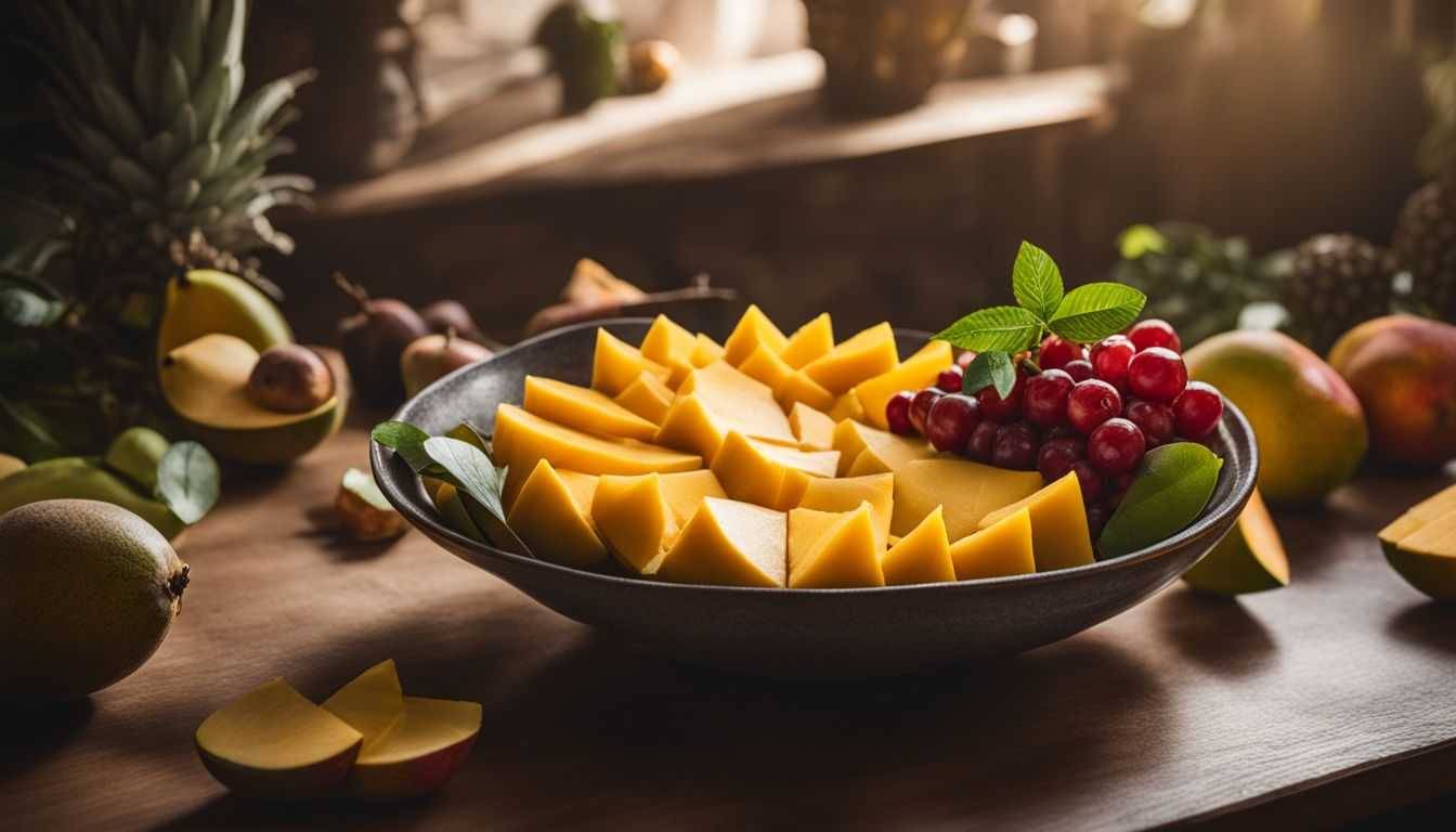 A bowl of ripe mango slices surrounded by various fresh fruits.