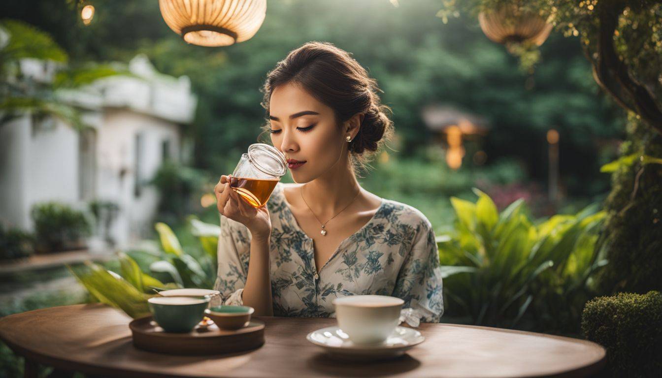 A woman enjoying oolong tea in a peaceful garden setting.