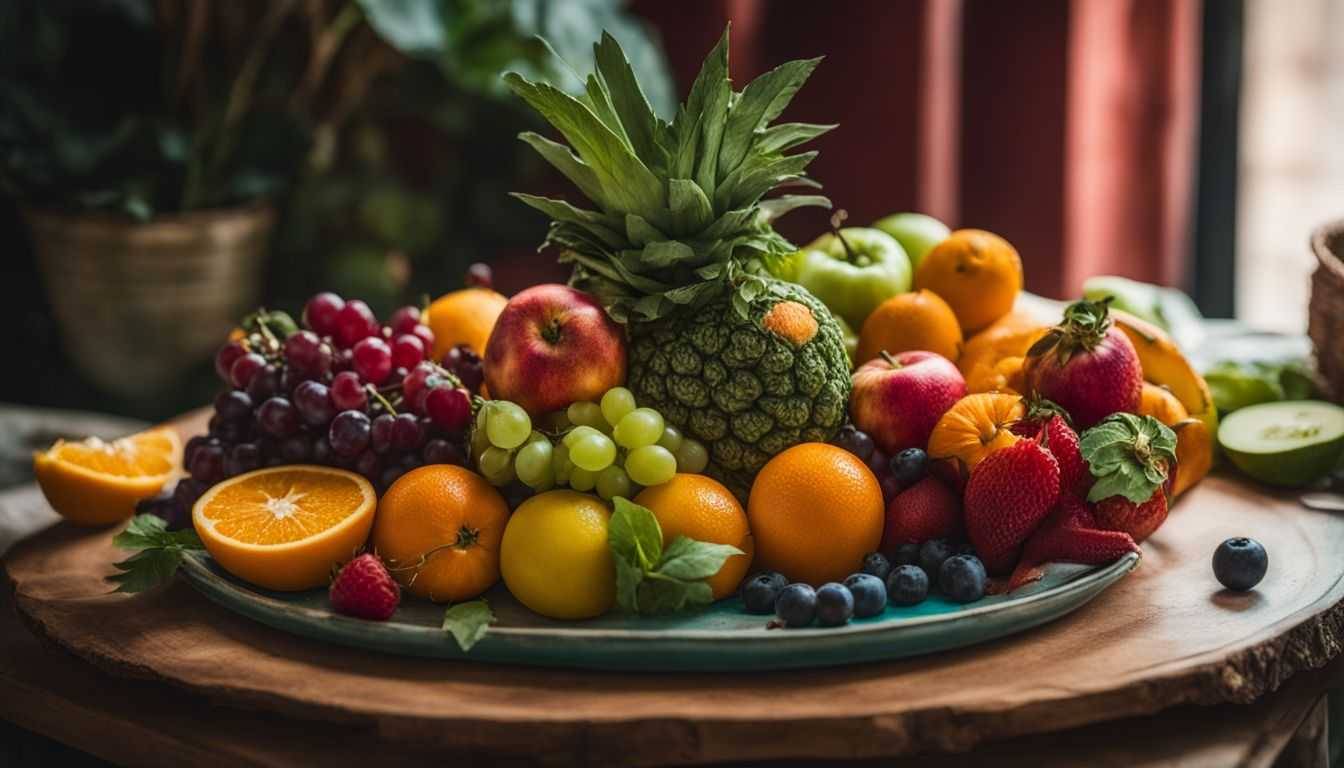 A variety of fresh fruits and vegetables arranged beautifully on a colorful plate.