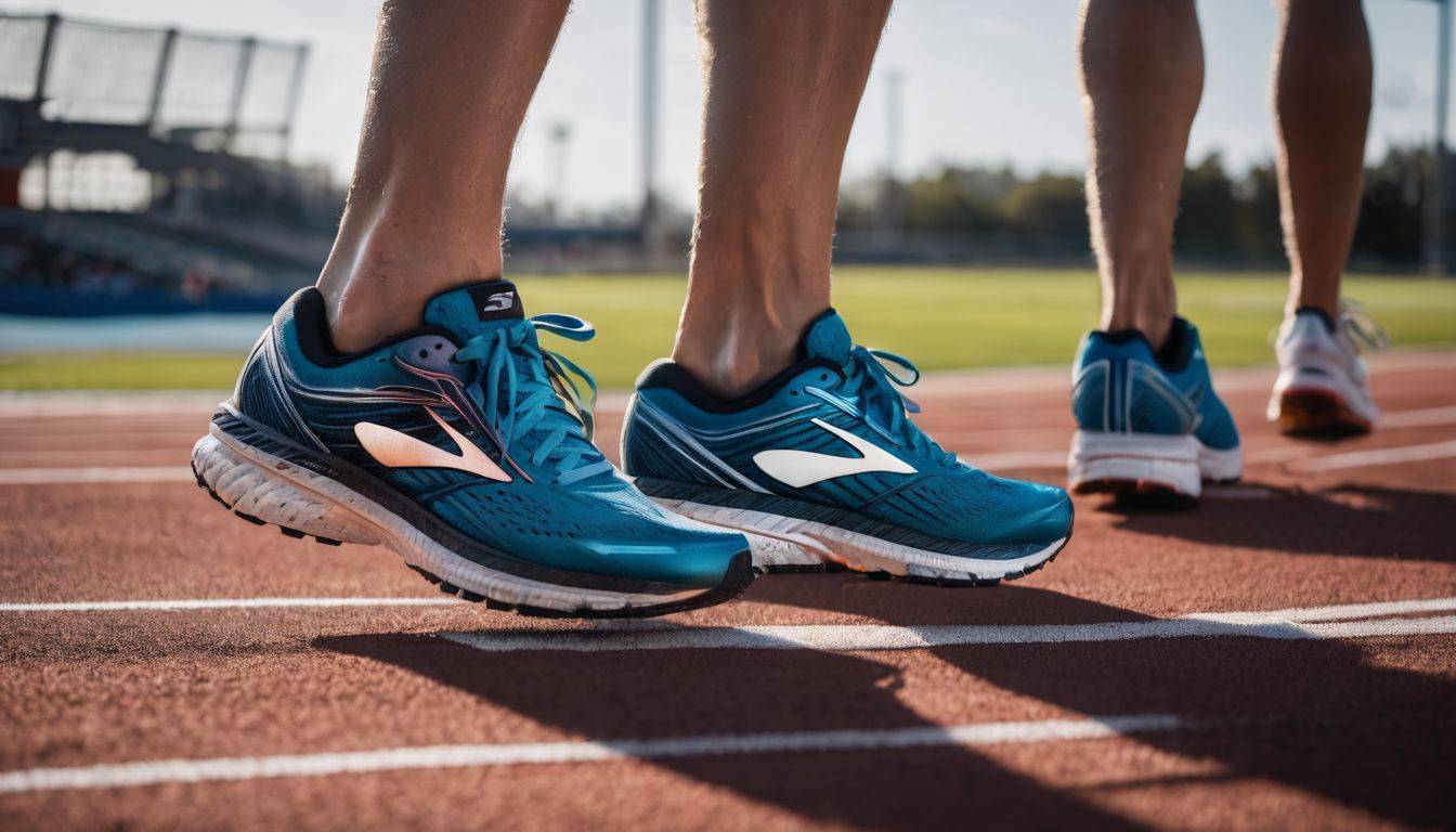 A photo of different running shoes on a track.