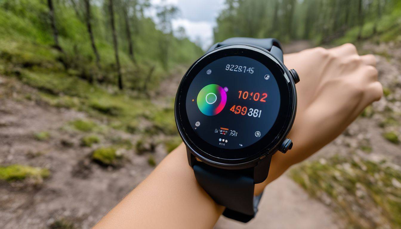 A runner wearing the Amazfit Band 5 on a scenic trail.