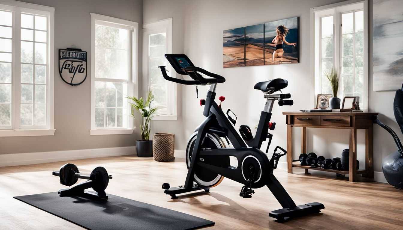 An inviting home gym with a Sunny Health and Fitness Bike.