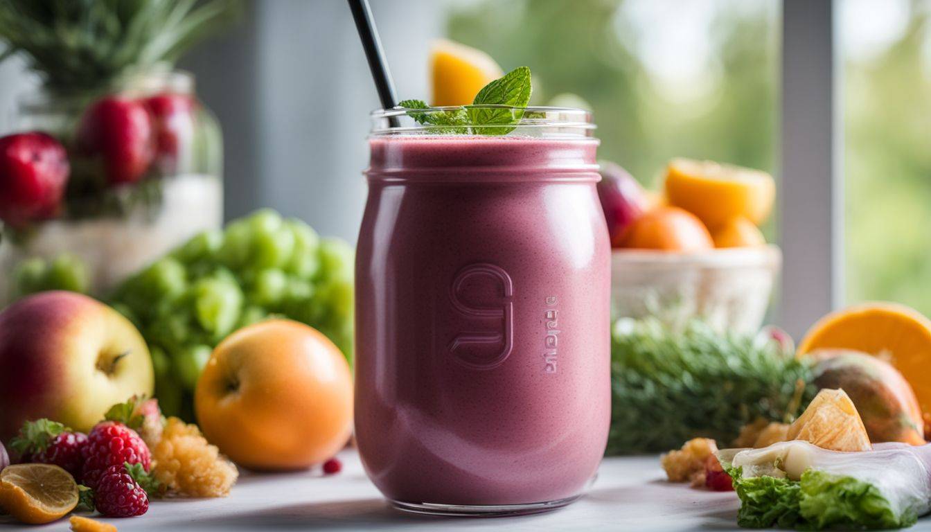 A glass of PhenQ Meal Replacement Shake surrounded by fresh fruits and vegetables.
