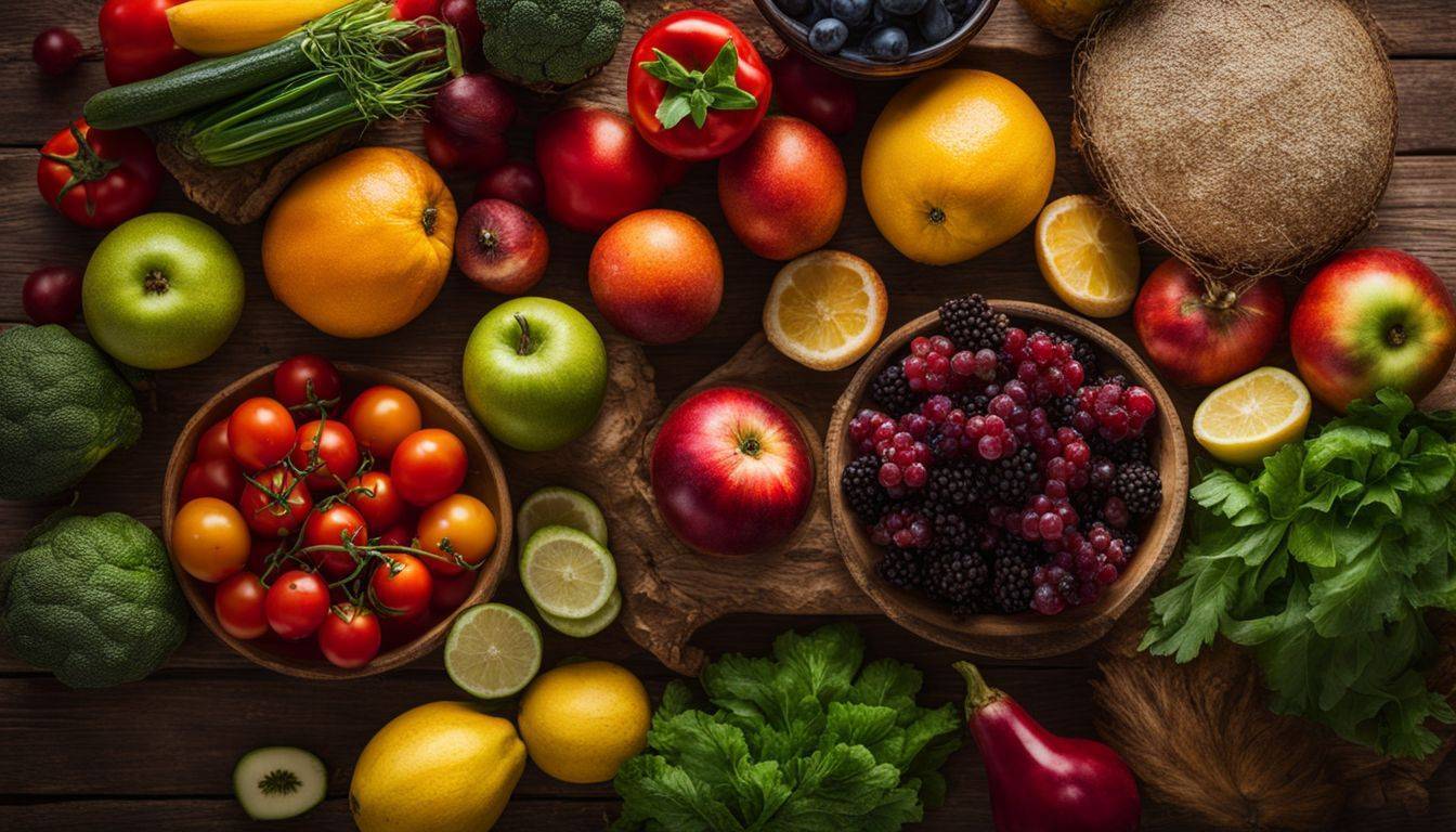 A vibrant assortment of Mediterranean fruits and vegetables on a wooden table.