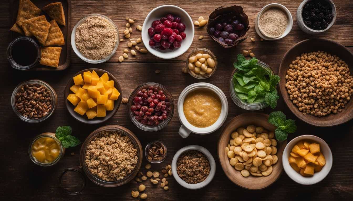 A variety of plant-based high-protein snacks on a rustic wooden table.