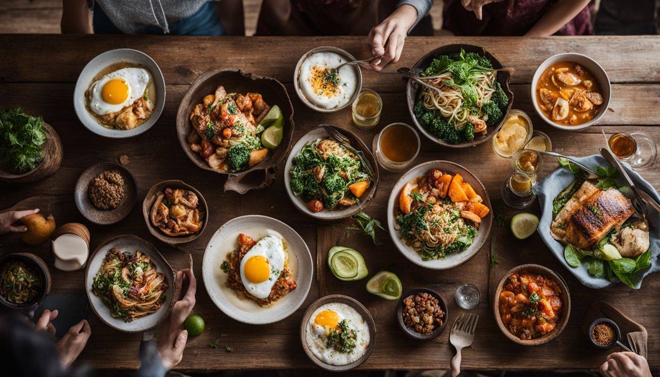 A variety of healthy meals displayed on a rustic wooden table.