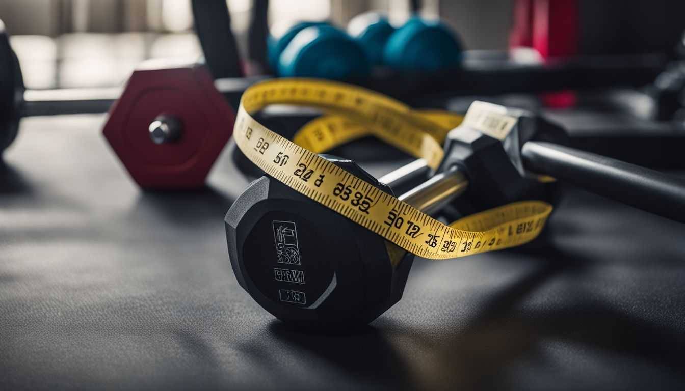 A well-lit photo of gym equipment with a measuring tape wrapped around it.