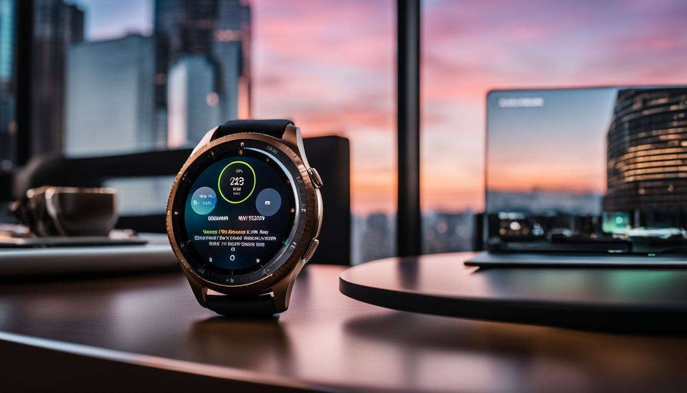 The Samsung Galaxy Watch 6 on a modern desk with cityscape background.