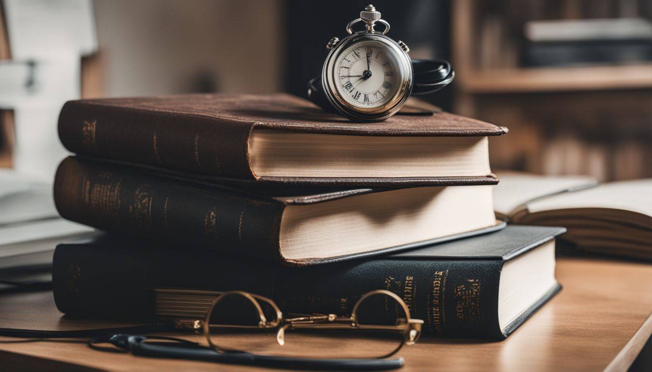 A stack of books and a stopwatch in a study environment.