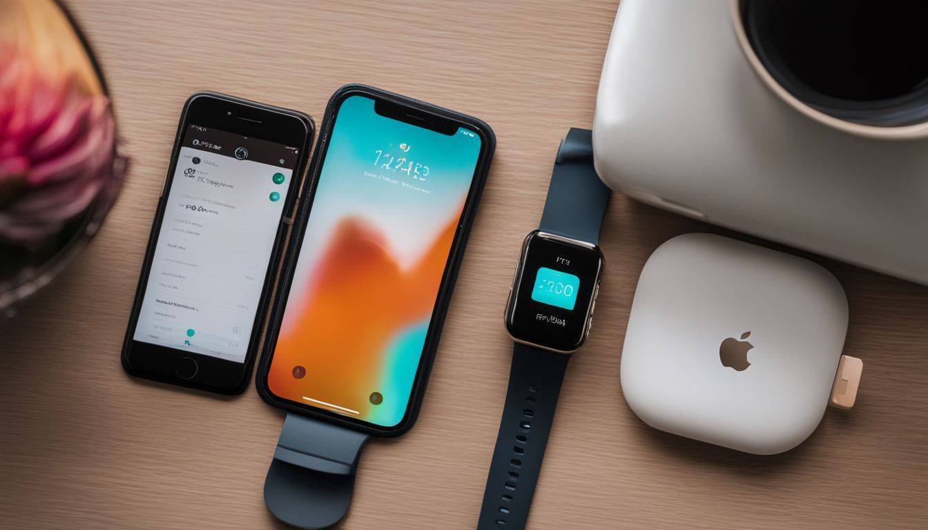 A photo of an iPhone and Fitbit on a modern desk.
