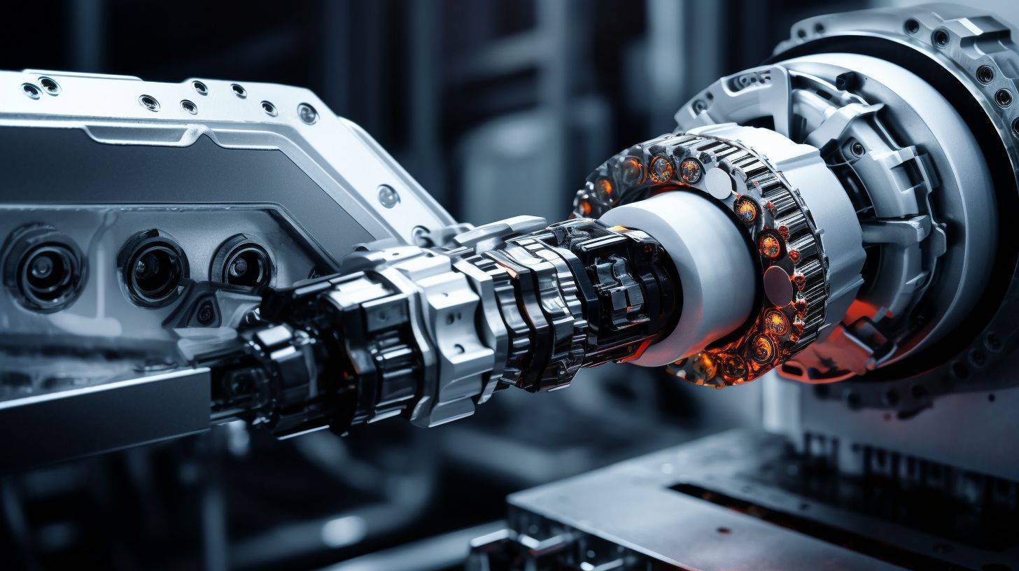 A high-speed robot arm assembles interconnected gears.