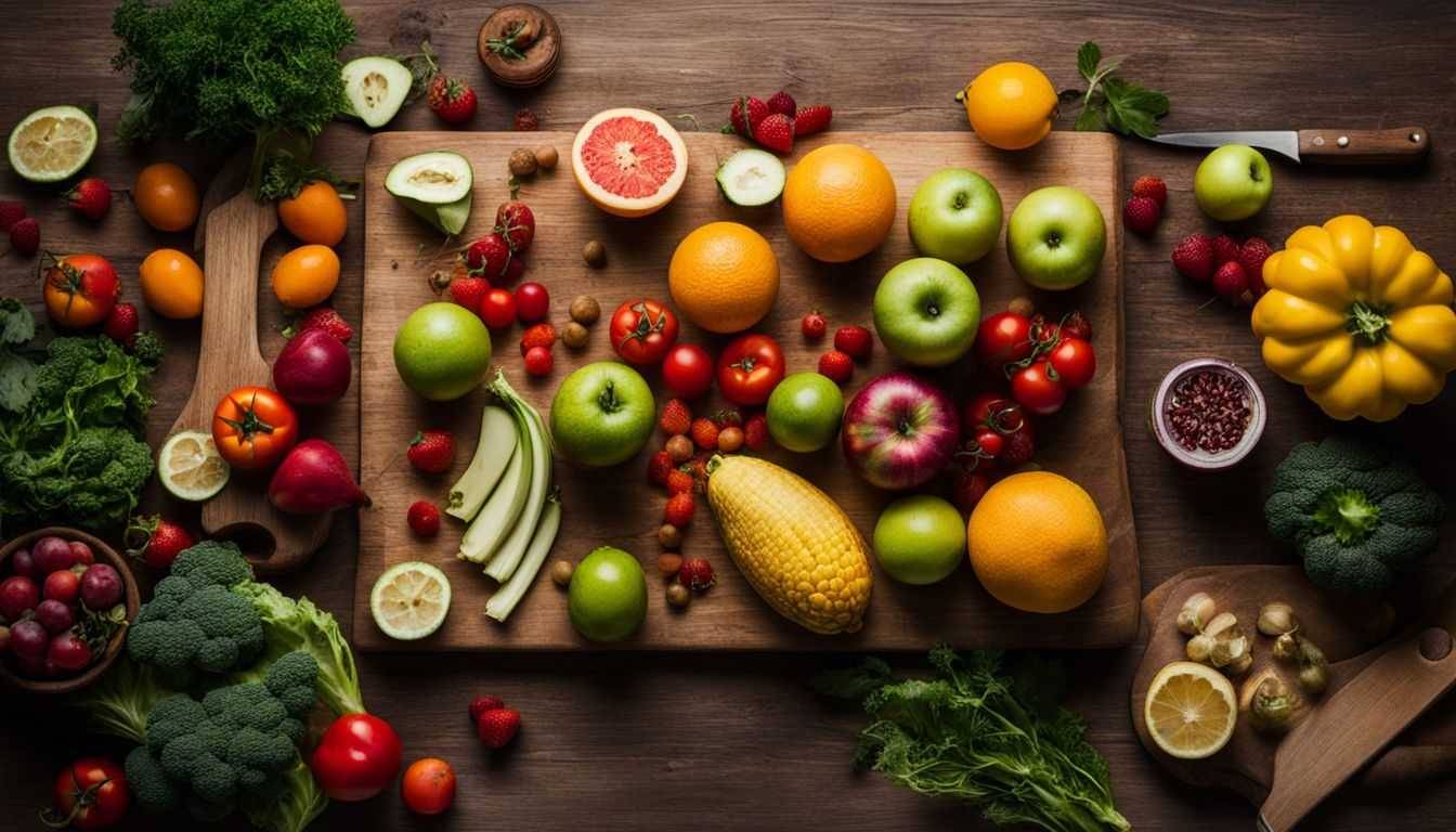A vibrant assortment of fresh fruits and vegetables on a cutting board.