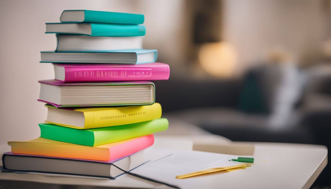A stack of GRE study books surrounded by colorful highlighters and sticky notes.