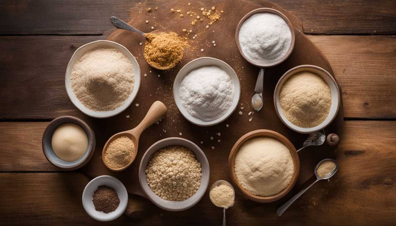 A variety of gluten-free flours arranged on a wooden tabletop.
