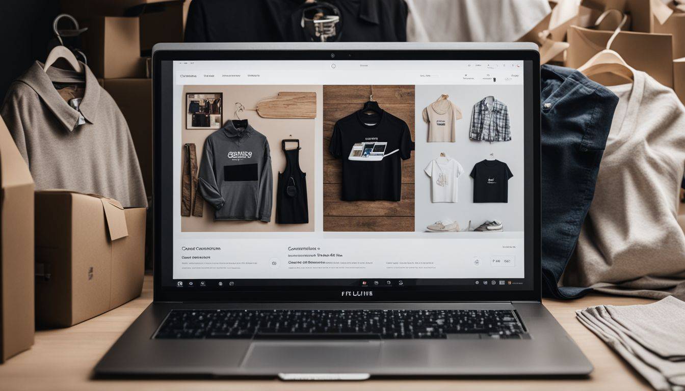 Online store interface with t-shirt designs and packaging materials.
