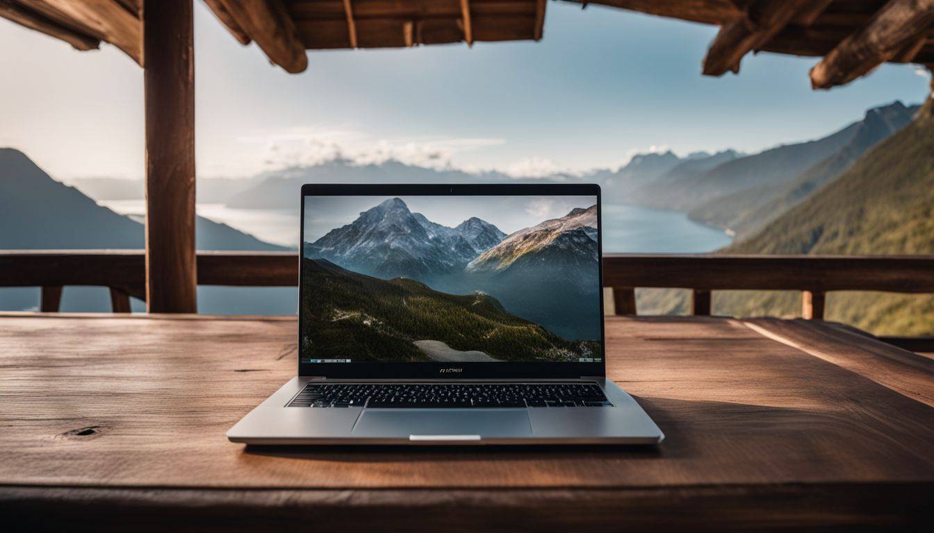 An open laptop on a table with a scenic mountain backdrop.