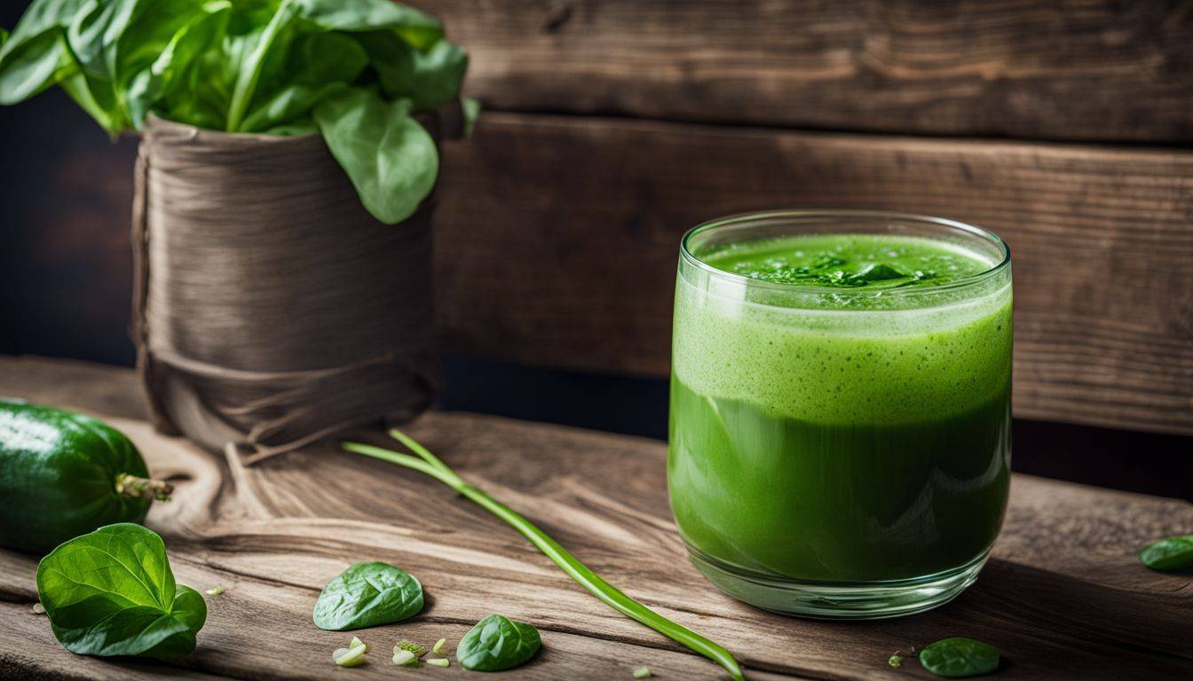 A freshly blended glass of Spinach Cucumber Juice on a rustic table.