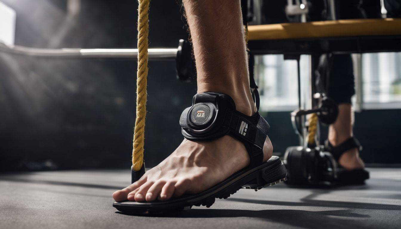 A cable machine with ankle strap and weight for sports training.