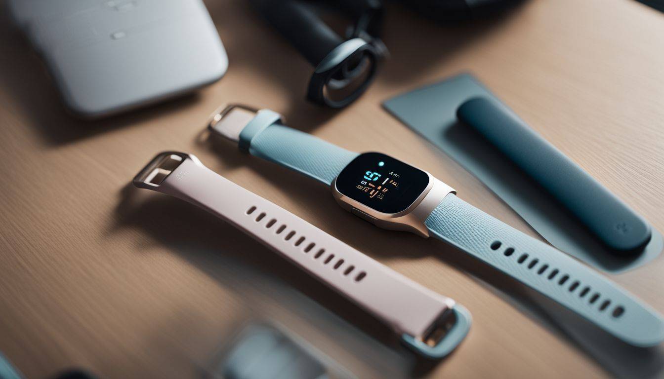 A Fitbit device showcased on a modern desktop with various outfits.