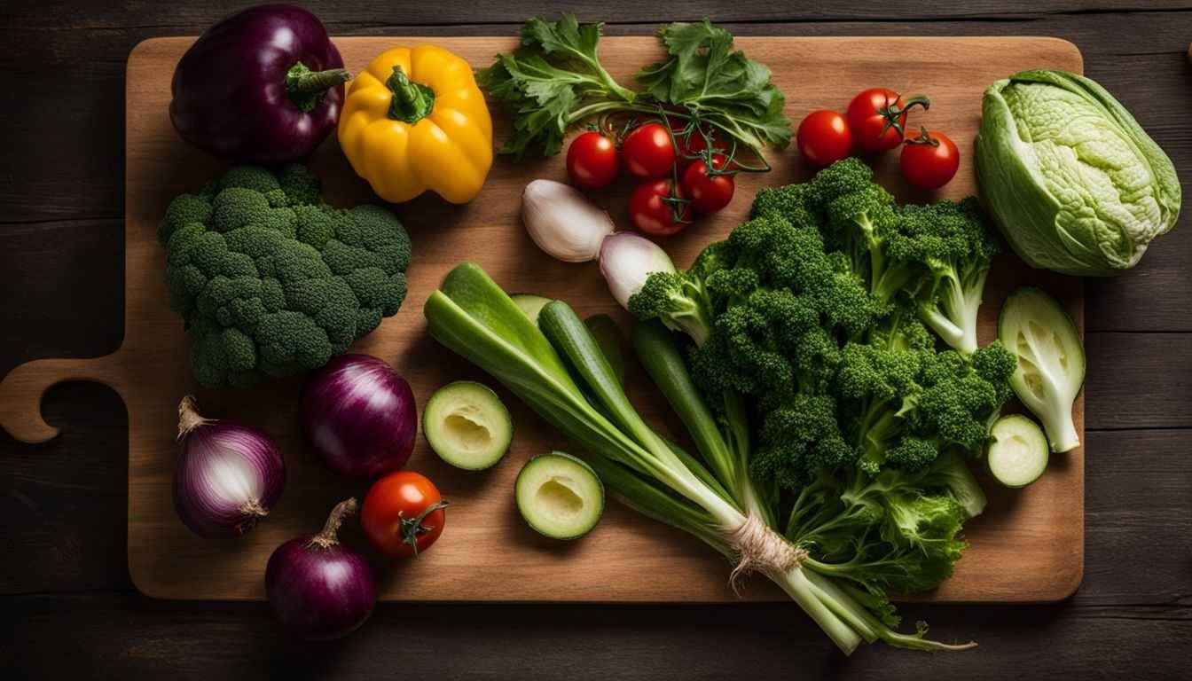 A photo showcasing fresh vegetables and healthy fats on a cutting board.