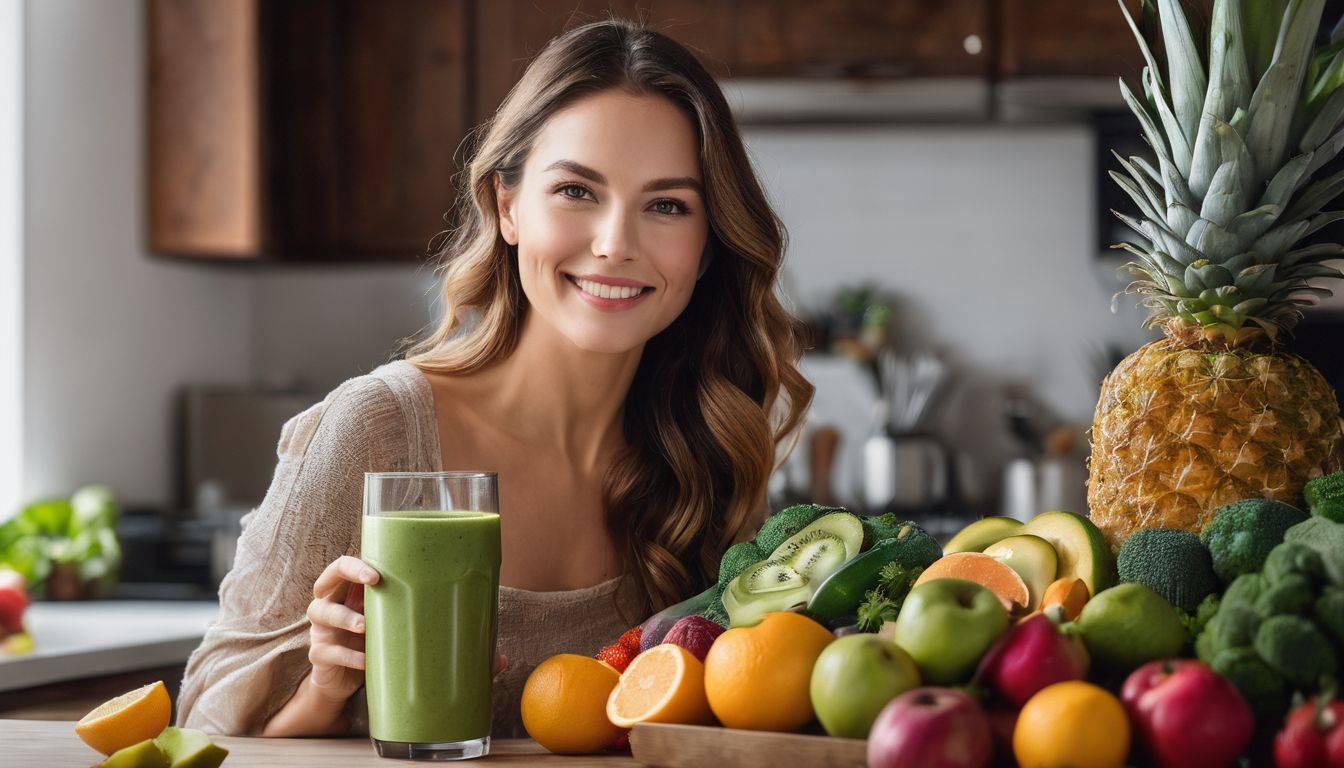 A woman holding a smoothie surrounded by fresh fruits and vegetables in a kitchen.