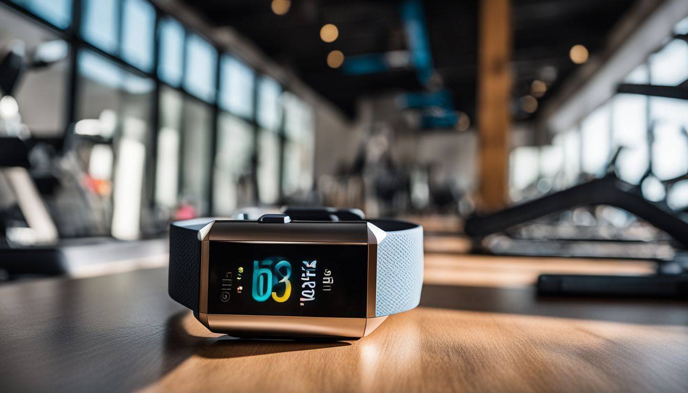 The Fitbit Charge 6 surrounded by modern fitness equipment in a gym.