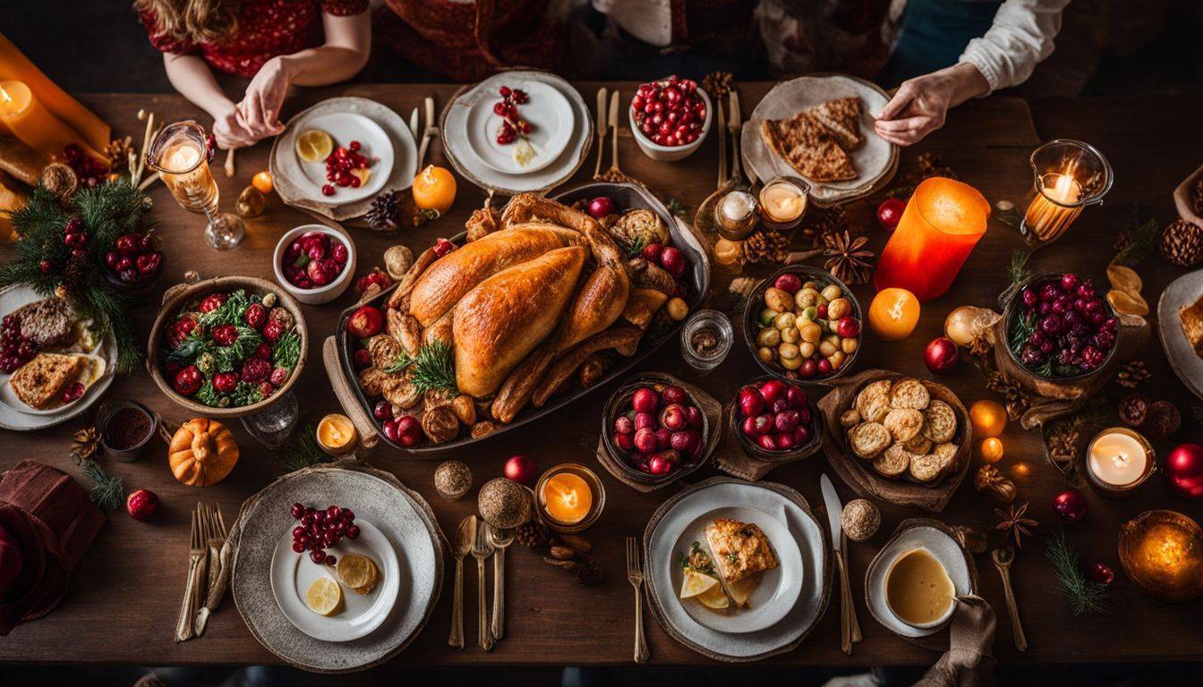 A table filled with rich holiday foods and festive decorations.