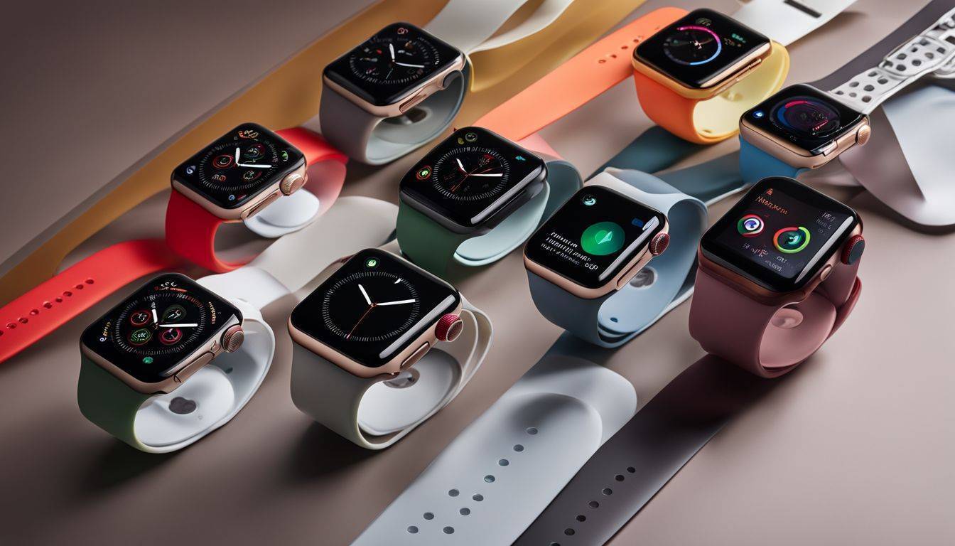 A floating Apple Watch above a futuristic touchless interface.