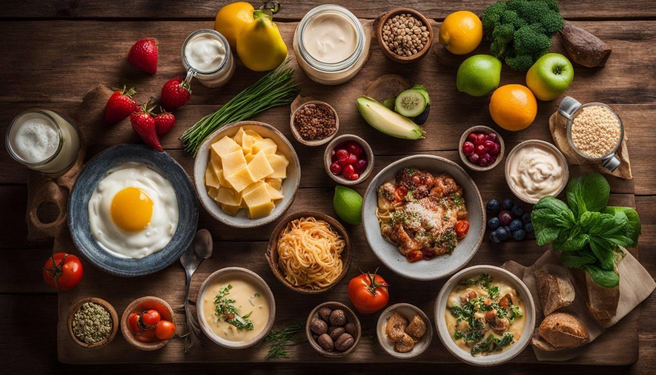 A display of low-carb, high-fat foods on a rustic table.