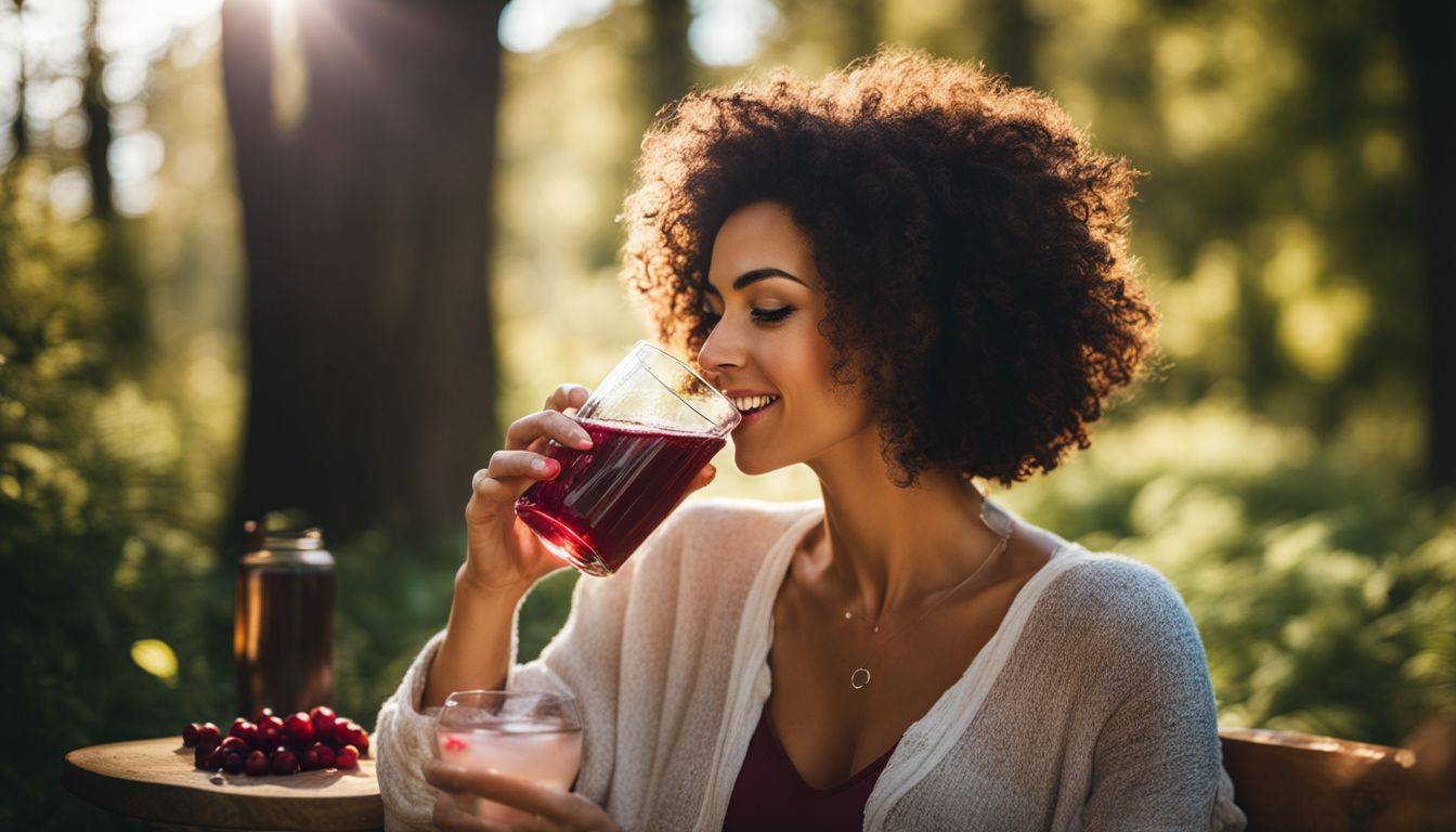 A woman enjoying a glass of cranberry juice in a natural setting.
