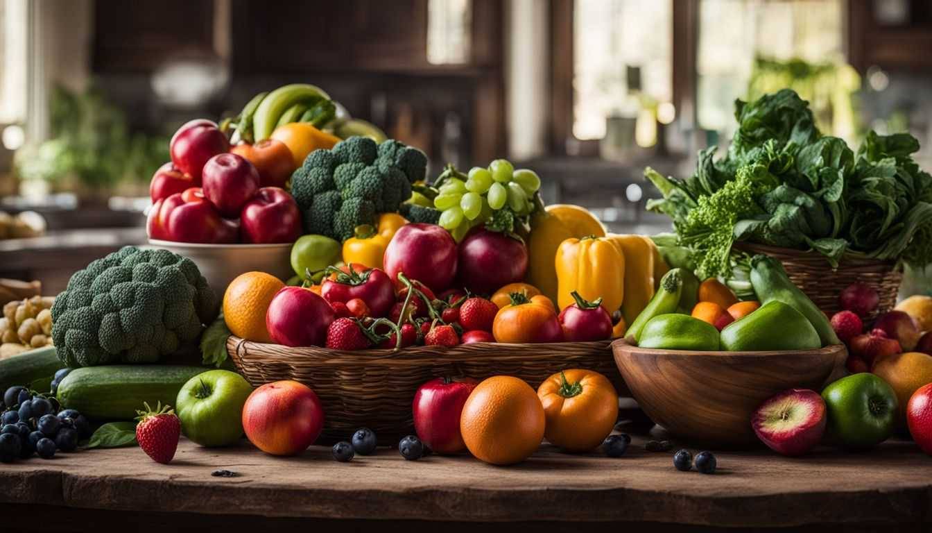 A diverse assortment of colorful fruits and vegetables on a rustic table.