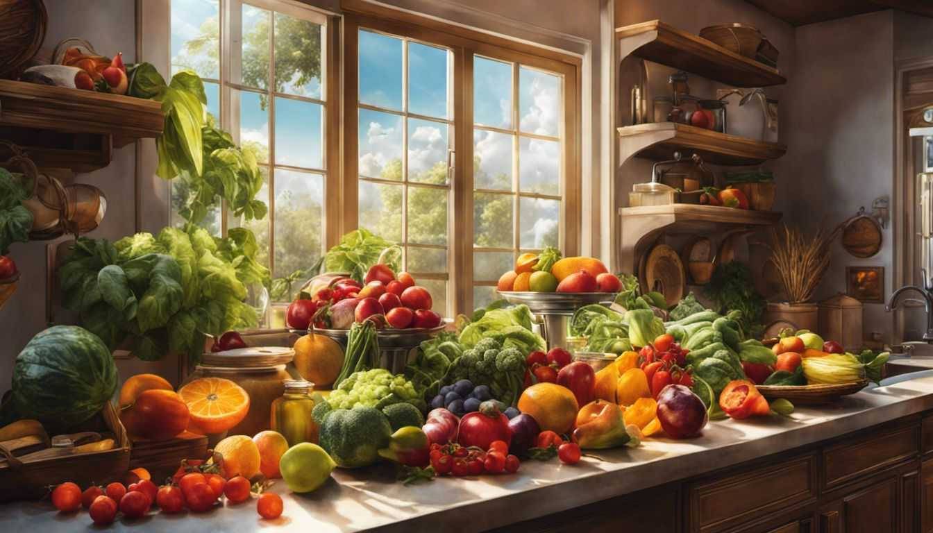 A colorful display of fresh fruits and vegetables in a kitchen.
