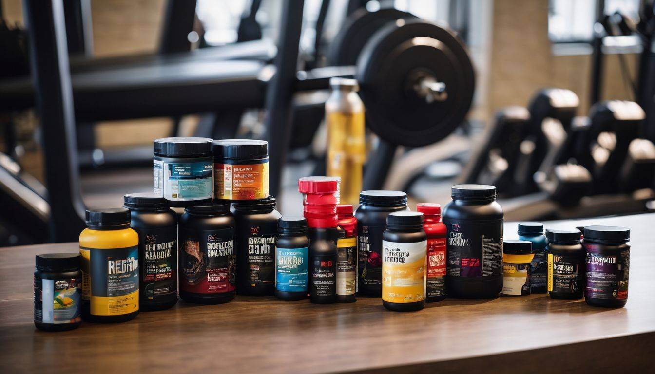 A close-up of vascularity supplements surrounded by gym equipment.