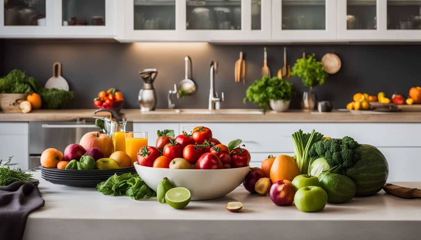 Fresh fruits and vegetables arranged on a kitchen counter.