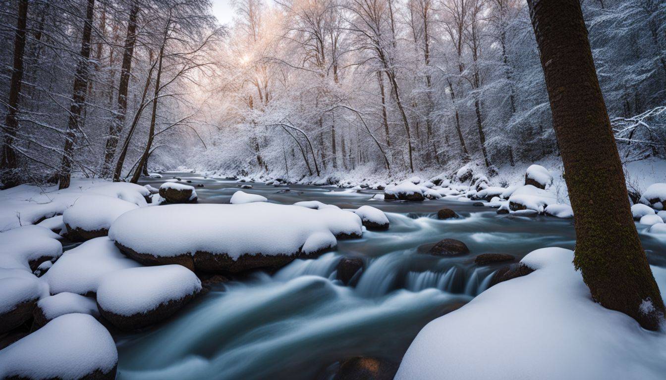 An image of a snow-covered forest with a rushing river.