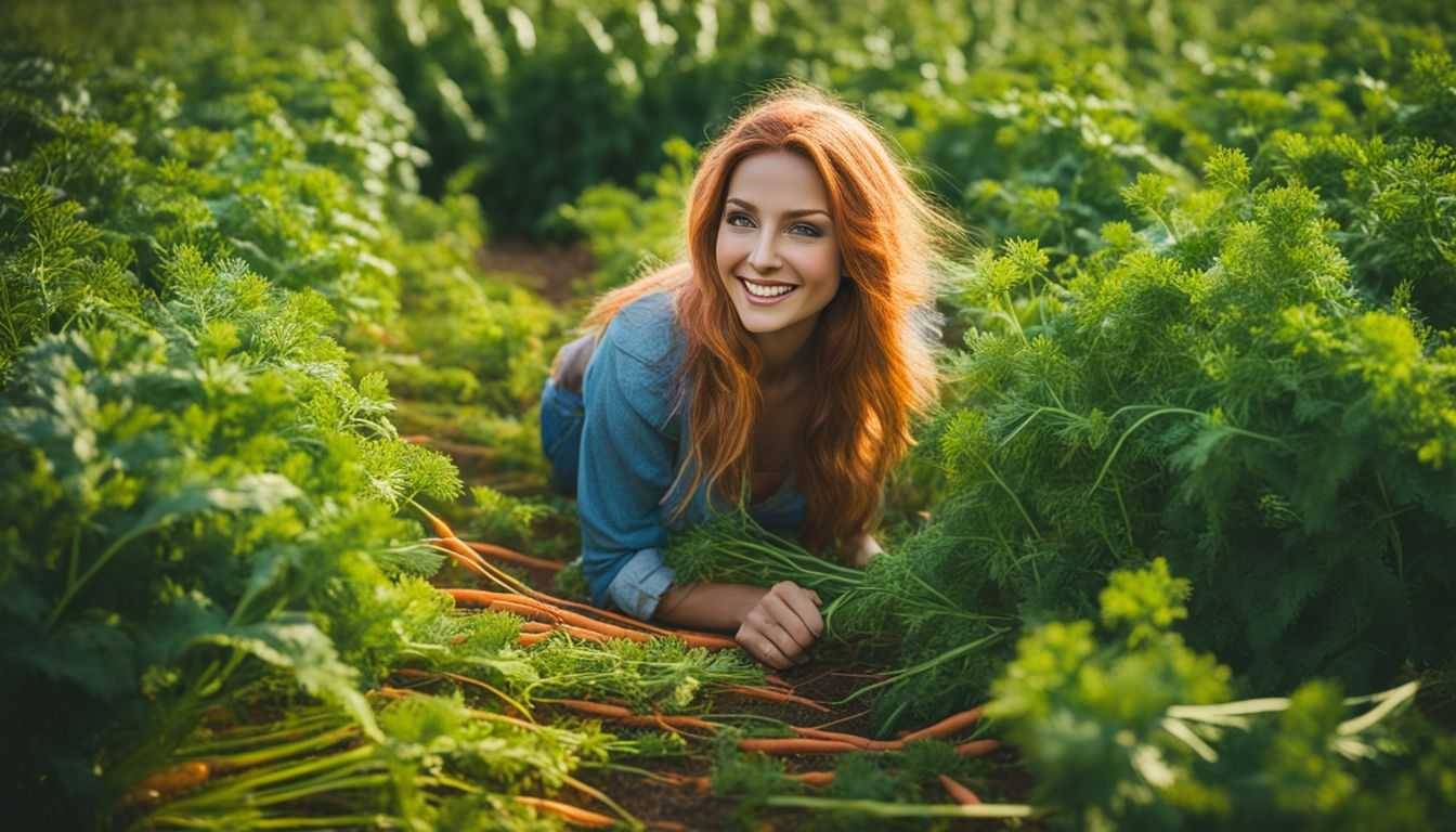 A vibrant field of carrot plants with ripe, orange carrots.