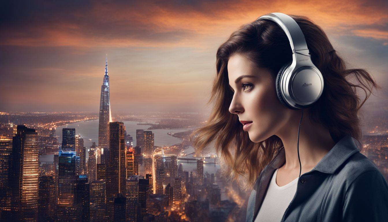 A person listening to an audiobook with a cityscape in the background.