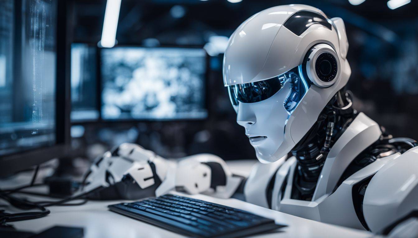 A futuristic AI robot analyzing digital content on a computer screen.
